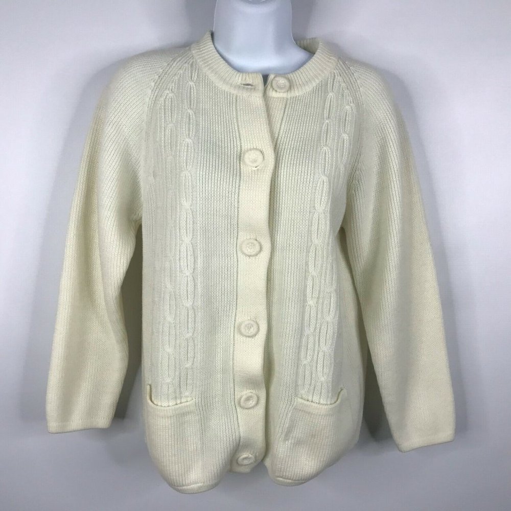 Vintage 70s Full Fashioned Womens Ivory White Cable Knit Cardigan Sweater
